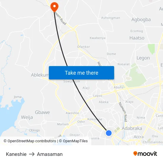 Kaneshie to Amasaman map