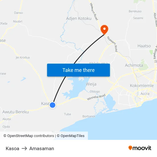 Kasoa to Amasaman map