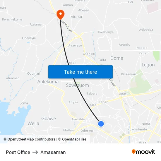 Post Office to Amasaman map