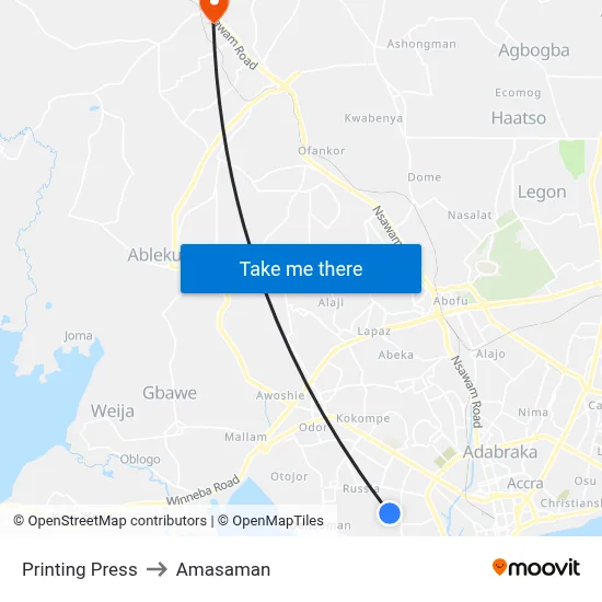 Printing Press to Amasaman map