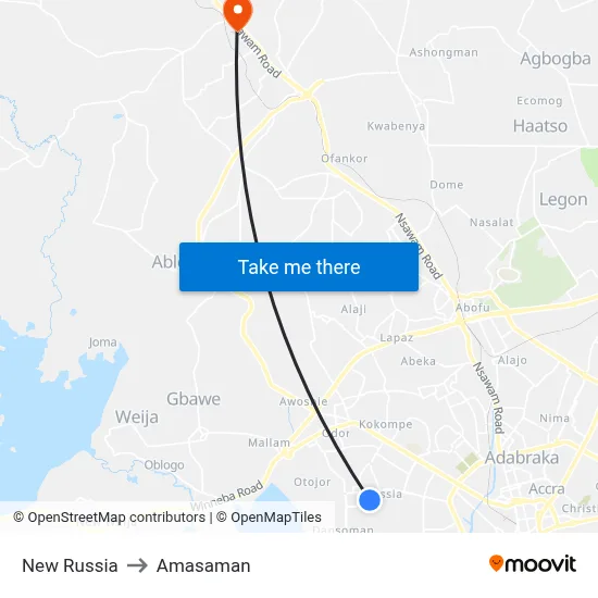 New Russia to Amasaman map