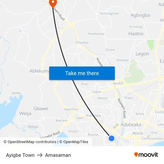 Ayigbe Town to Amasaman map
