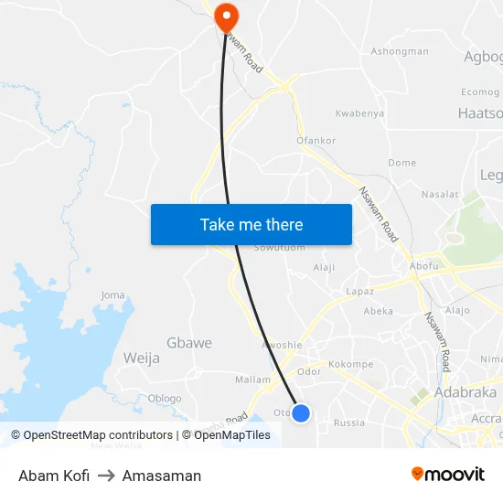 Abam Kofi to Amasaman map