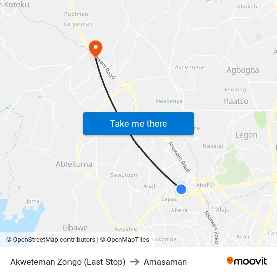 Akweteman Zongo (Last Stop) to Amasaman map