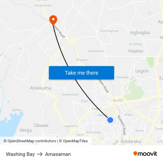 Washing Bay to Amasaman map