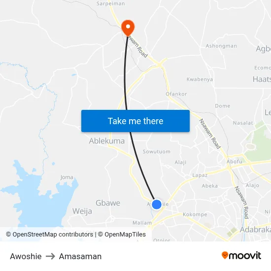 Awoshie to Amasaman map