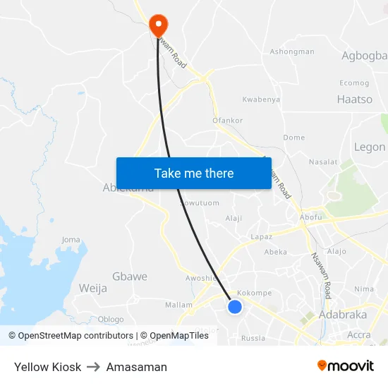Yellow Kiosk to Amasaman map