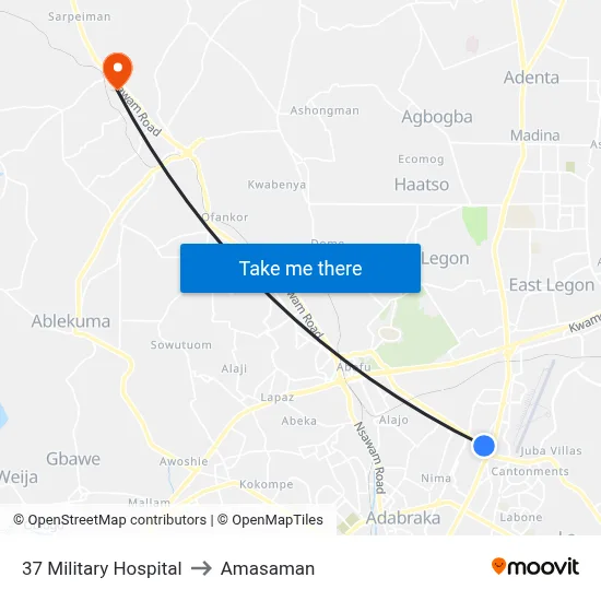 37 Military Hospital to Amasaman map