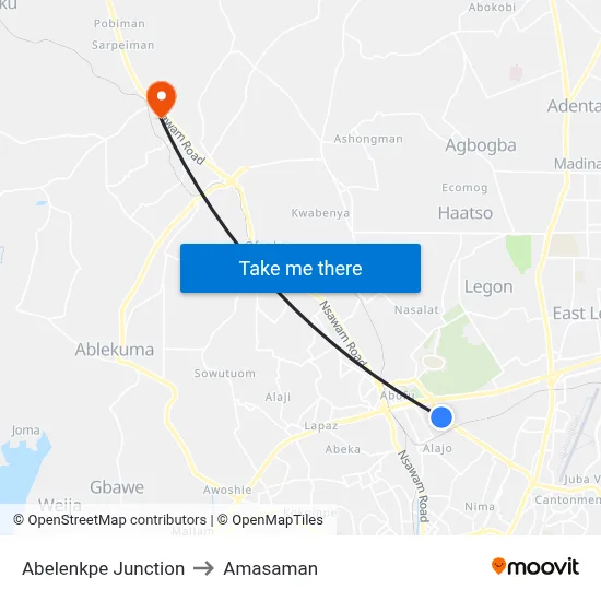 Abelenkpe Junction to Amasaman map