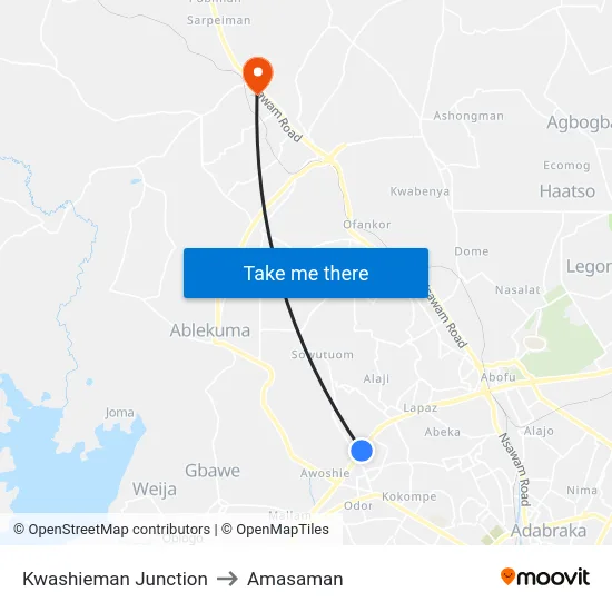 Kwashieman Junction to Amasaman map