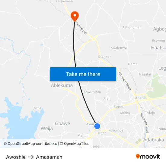 Awoshie to Amasaman map