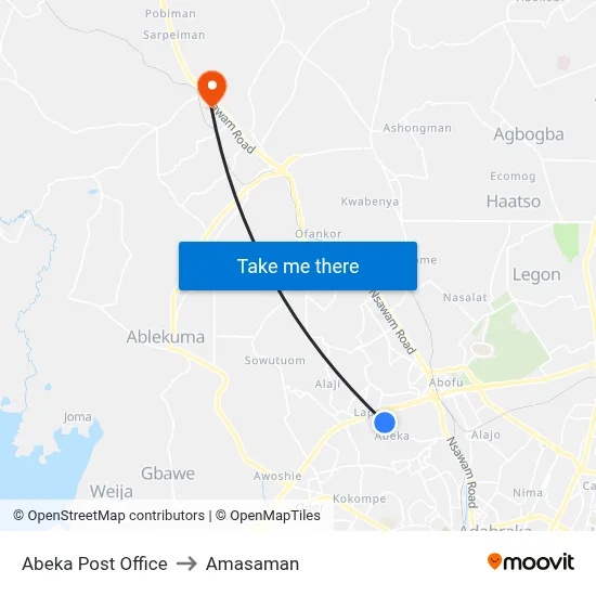 Abeka Post Office to Amasaman map