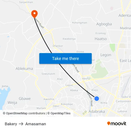 Bakery to Amasaman map