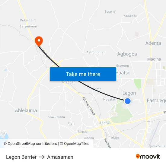Legon Barrier to Amasaman map