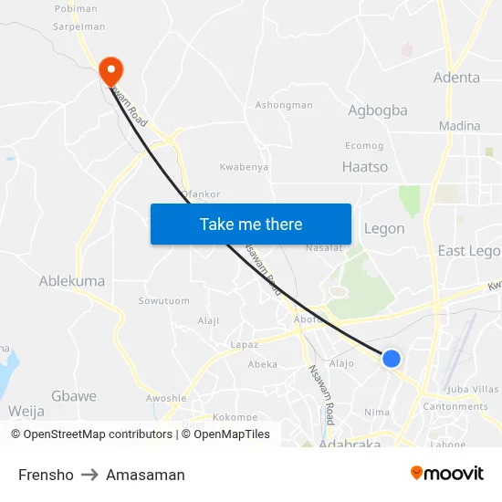 Frensho to Amasaman map