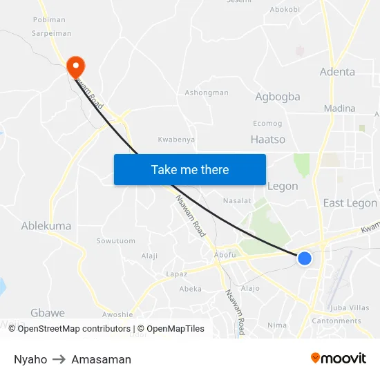 Nyaho to Amasaman map