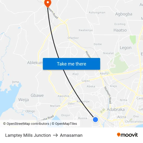 Lamptey Mills Junction to Amasaman map