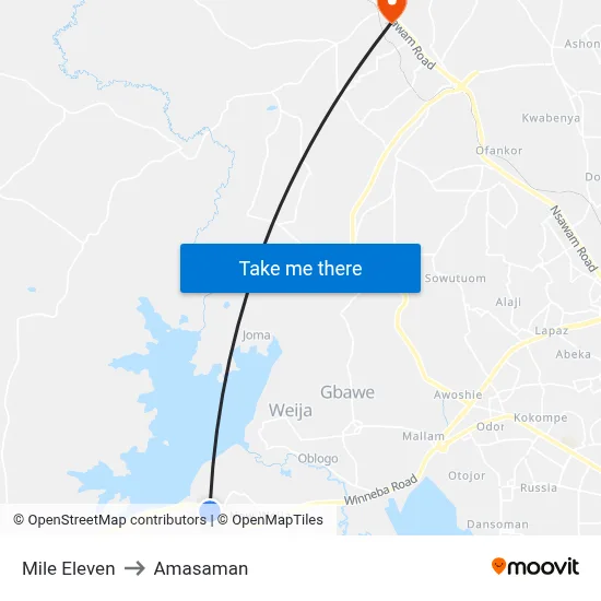 Mile Eleven to Amasaman map