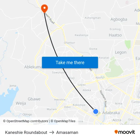 Kaneshie Roundabout to Amasaman map