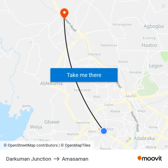 Darkuman Junction to Amasaman map