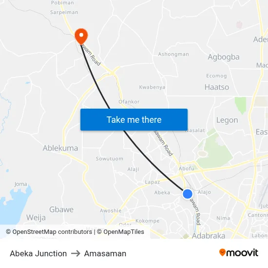 Abeka Junction to Amasaman map