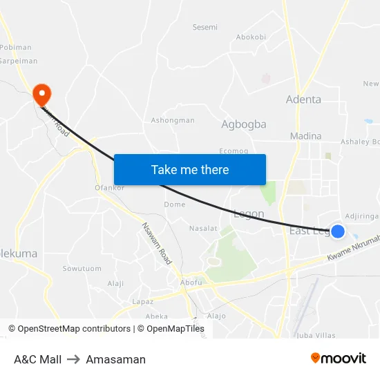 A&C Mall to Amasaman map