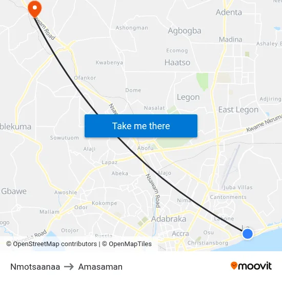 Nmotsaanaa to Amasaman map