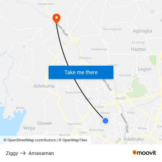 Ziggy to Amasaman map