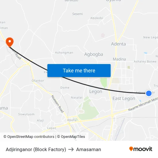 Adjiringanor (Block Factory) to Amasaman map