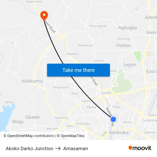Akoko Darko Junction to Amasaman map