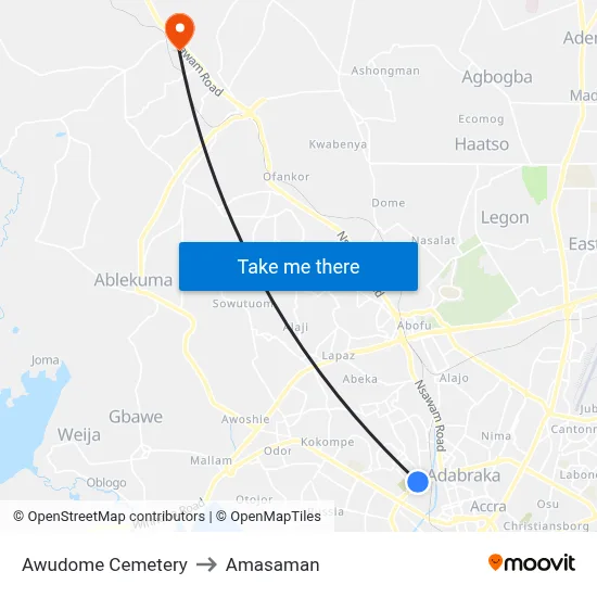 Awudome Cemetery to Amasaman map