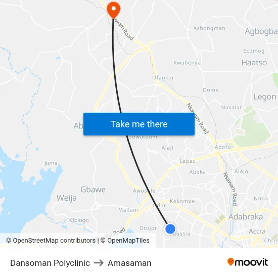 Dansoman Polyclinic to Amasaman map
