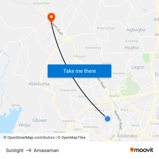 Sunlight to Amasaman map