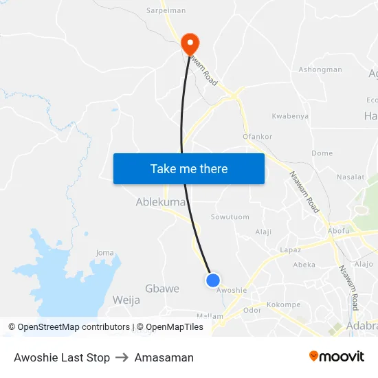 Awoshie Last Stop to Amasaman map