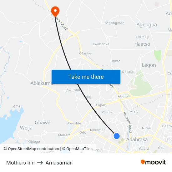 Mothers Inn to Amasaman map