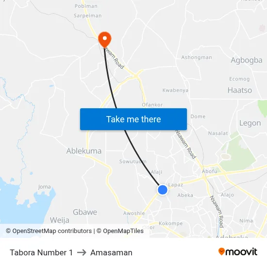 Tabora Number 1 to Amasaman map