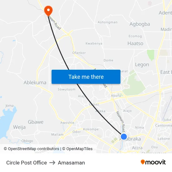 Circle Post Office to Amasaman map