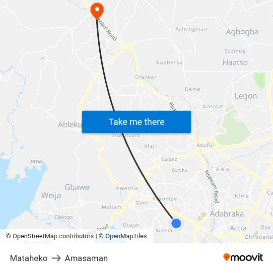 Mataheko to Amasaman map