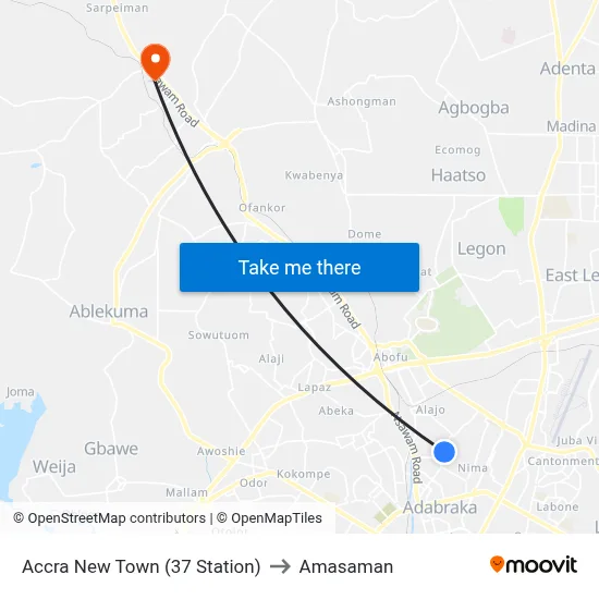 Accra New Town (37 Station) to Amasaman map
