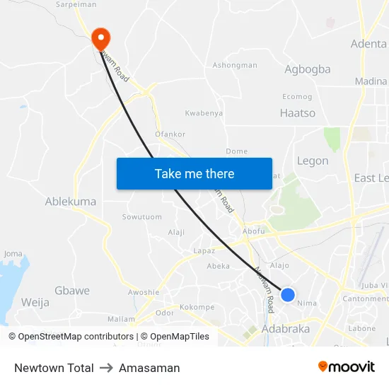 Newtown Total to Amasaman map
