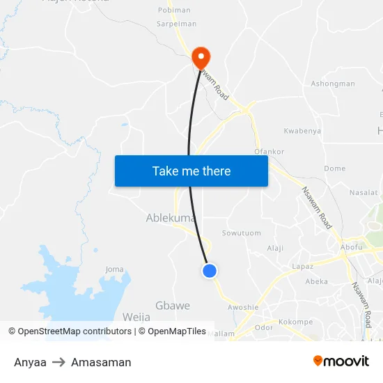 Anyaa to Amasaman map