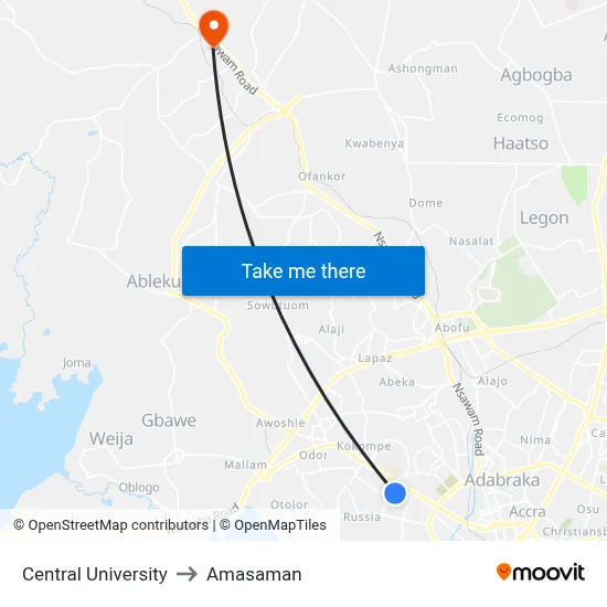Central University to Amasaman map
