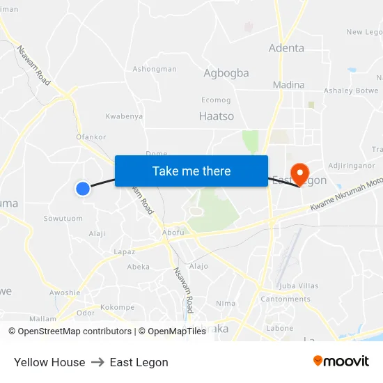 Yellow House to East Legon map