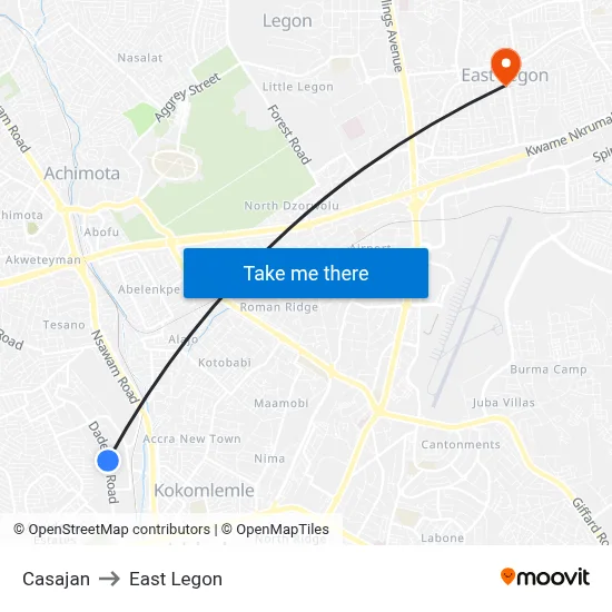 Casajan to East Legon map