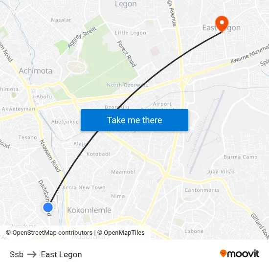 Ssb to East Legon map