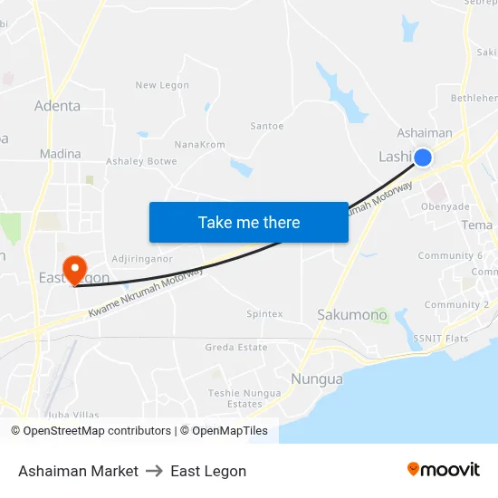 Ashaiman Market to East Legon map