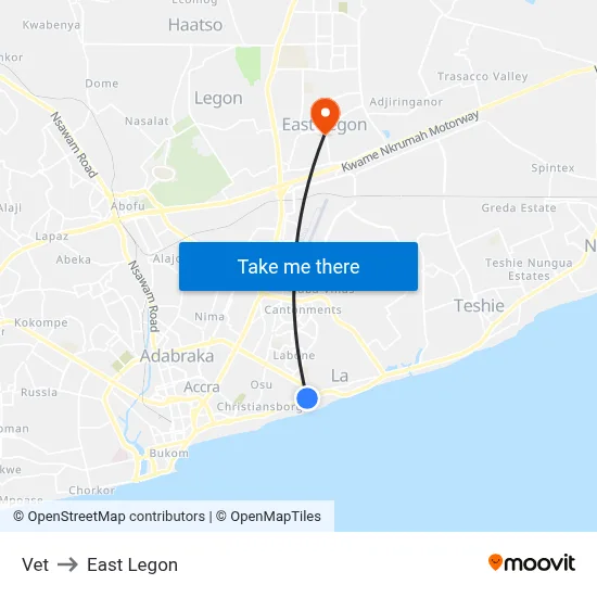 Vet to East Legon map