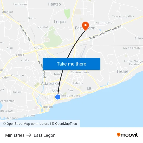 Ministries to East Legon map