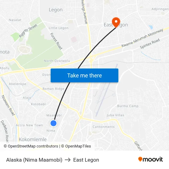 Alaska (Nima Maamobi) to East Legon map