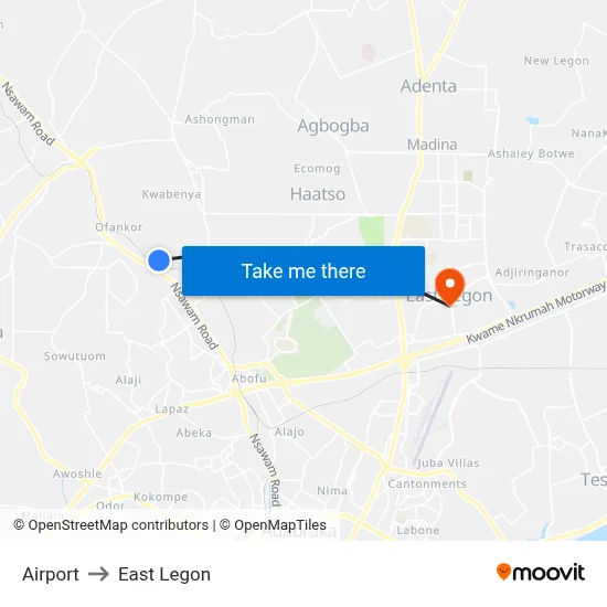 Airport to East Legon map